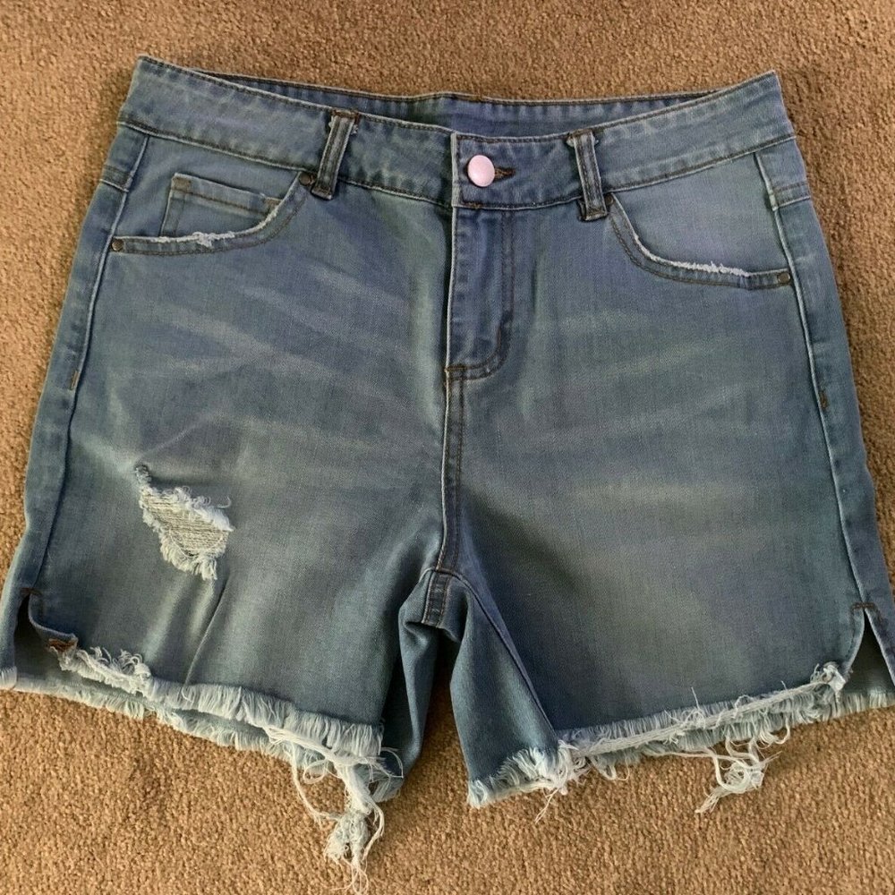 New Distressed High-Rise Frayed Denim Shorts M